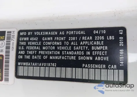 2010 Volkswagen Eos Komfort z USA, uszkodzony, nr VIN WVWBA7AH1AV019762